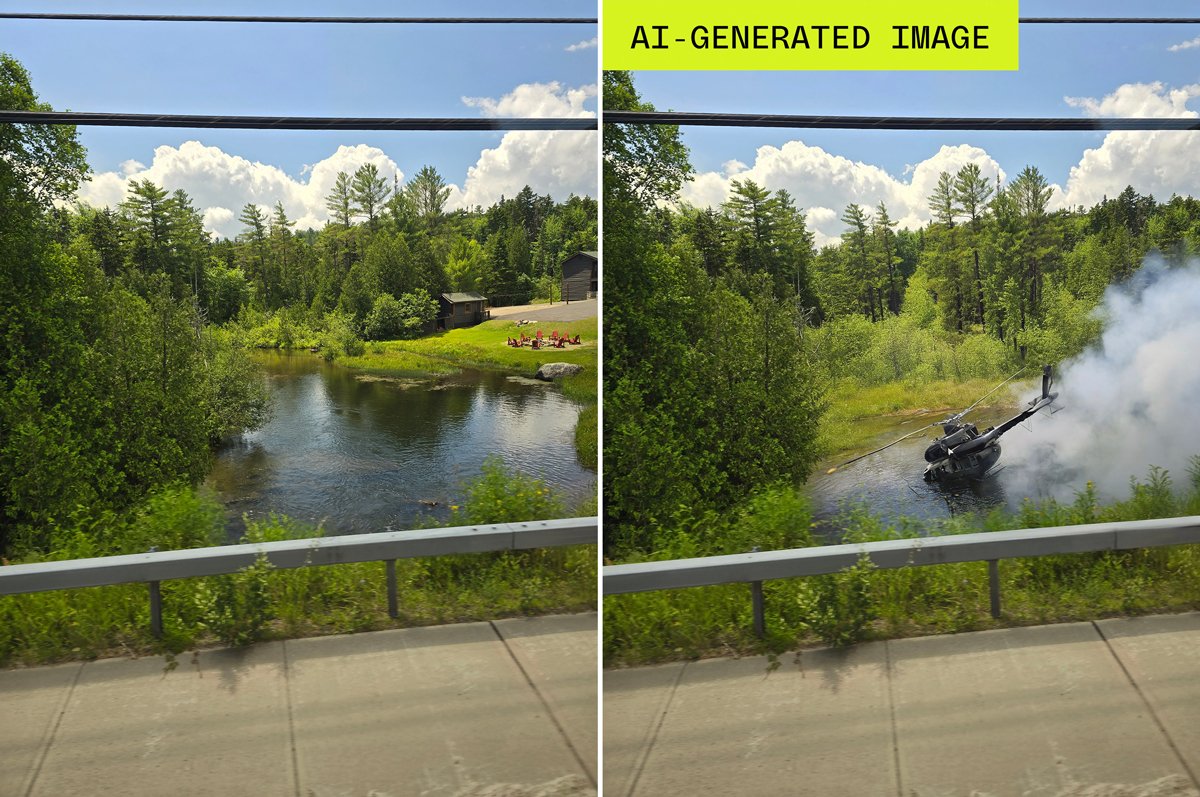 Manipulated photo with Google Pixel artificial intelligence about a helicopter crash