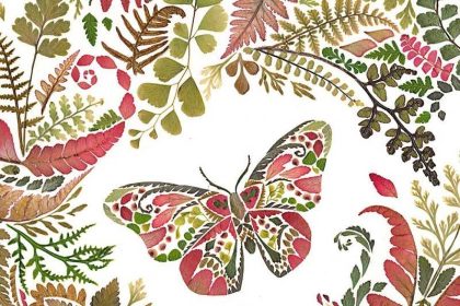 A butterfly among flowers and leaves by Helen Ahpuransiri; Photo source: Helenahpornsiri.com website