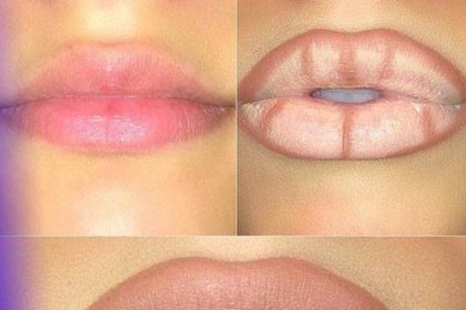 Highlighting the lips with makeup through lipstick and lip liner and contouring