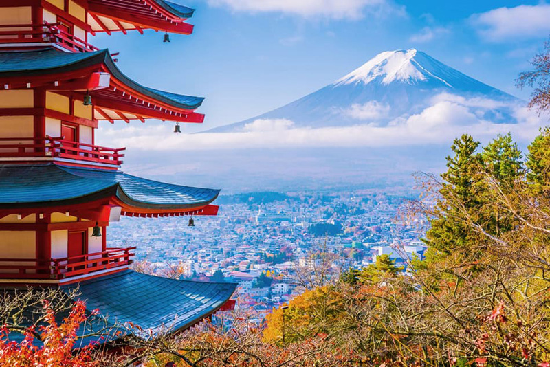 Japanese architecture and Mount Fuji. Photo from wanderluststorytellers website