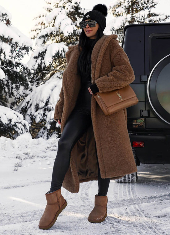 With leather leggings and teddy coat