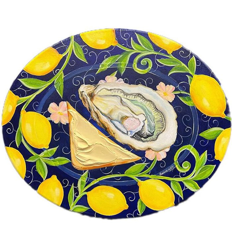 Bread and oysters painted on the plate
