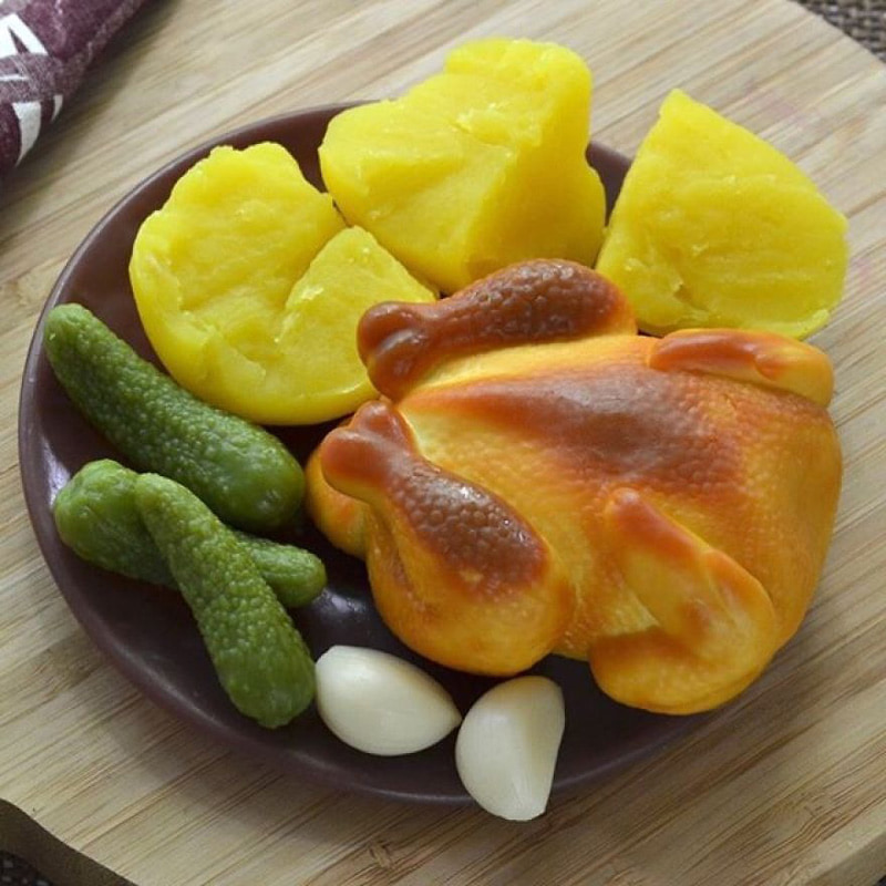 Soap in the form of roasted chicken and cinnamon