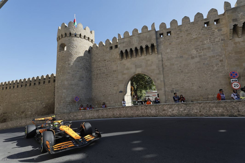 British driver Lando Norris (McLaren) driving in the Azerbaijan Grand Prix at the Baku city circuit.