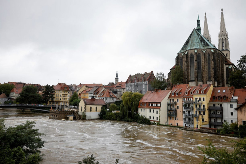 Rising water level in the city of Görlitz on the German-Polish border