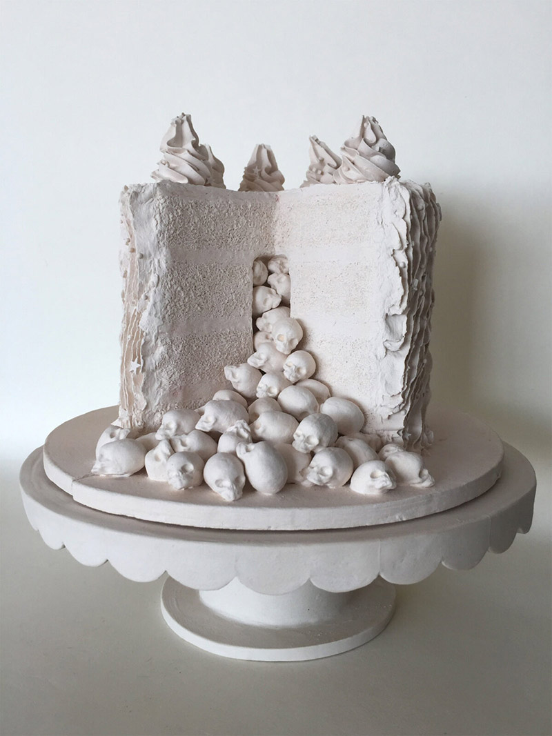 Porcelain cake sculpture with skull filling