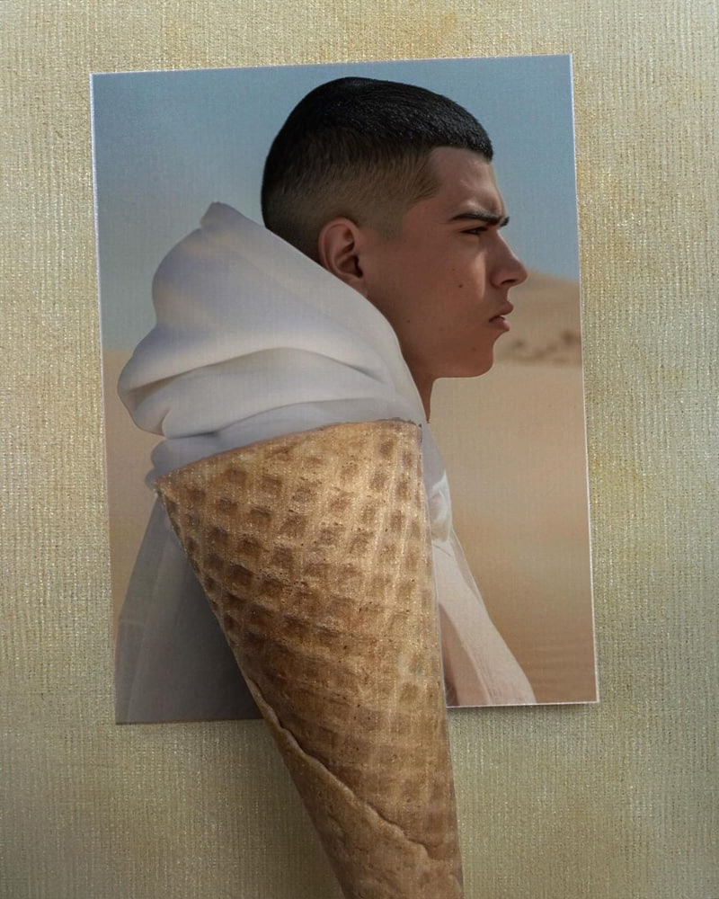 Combined photo of ice cream cone and young man's hoodie