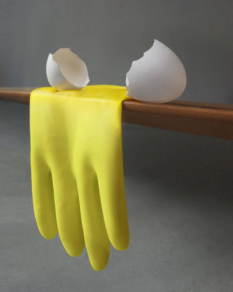 Combination photo of gloves and eggshell