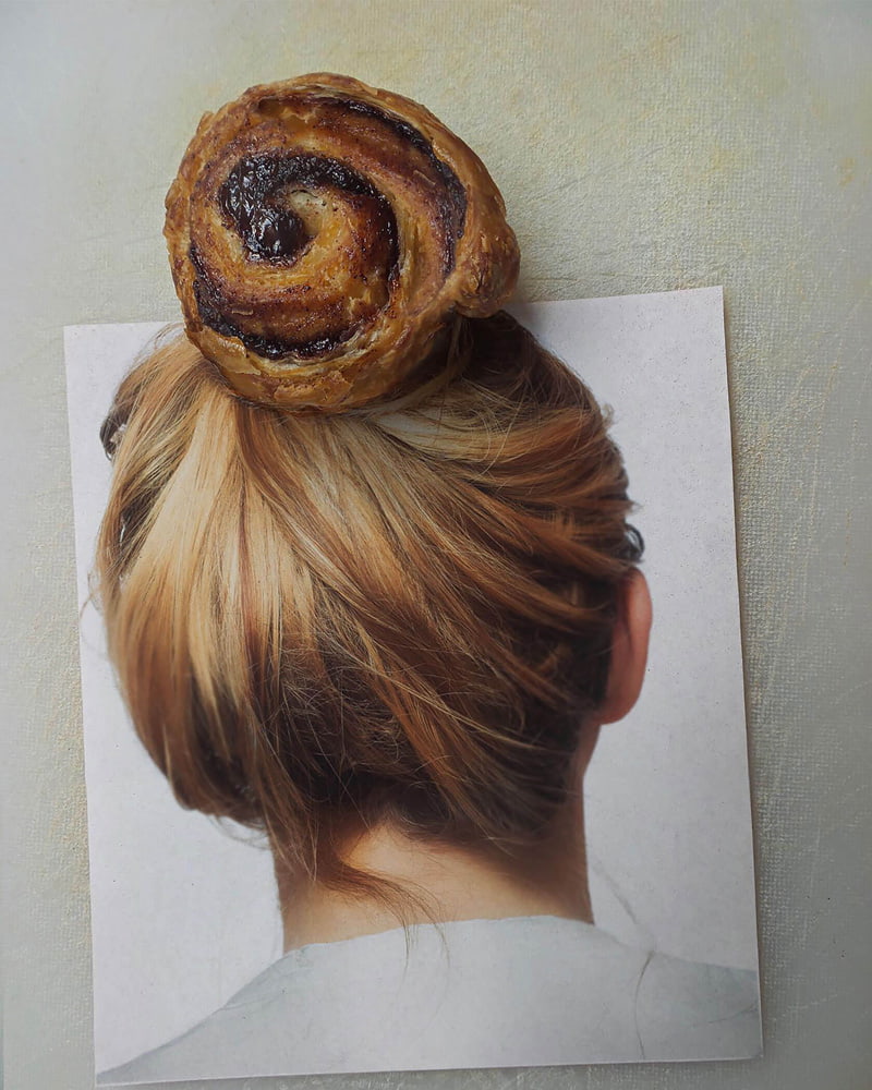Combined photo of nutty roll bread and woman's tomato hair