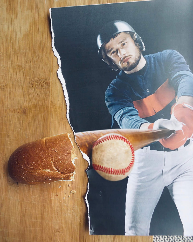 Combination of baseball player photo and baguette slice