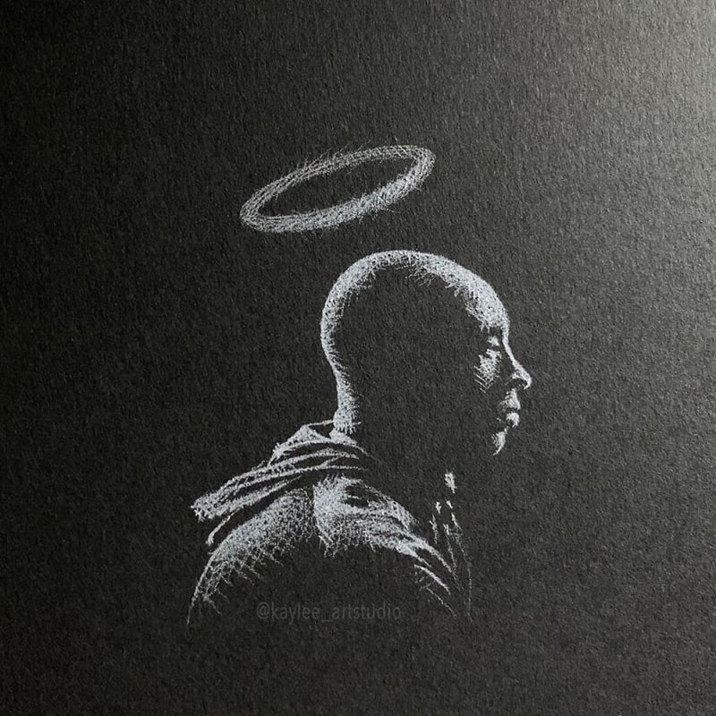 White pencil drawing of a Buddhist monk