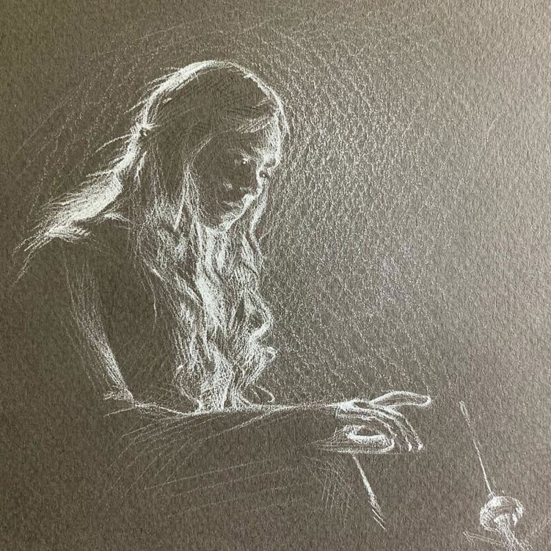 White pencil drawing of a young woman