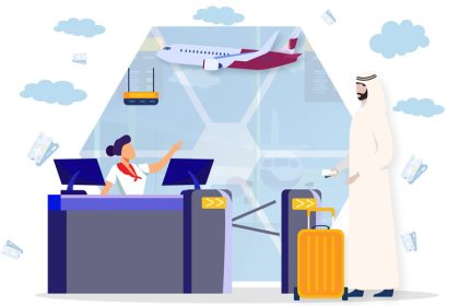 graphic image of a passenger at the counter; Photo Source: Qatar Islamic Insurance Company, Photographer: Unknown