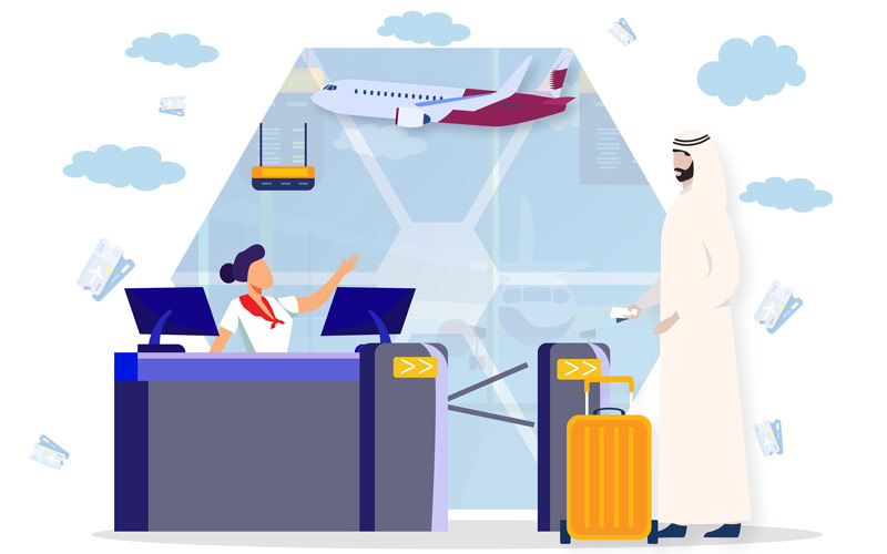 graphic image of a passenger at the counter; Photo Source: Qatar Islamic Insurance Company, Photographer: Unknown