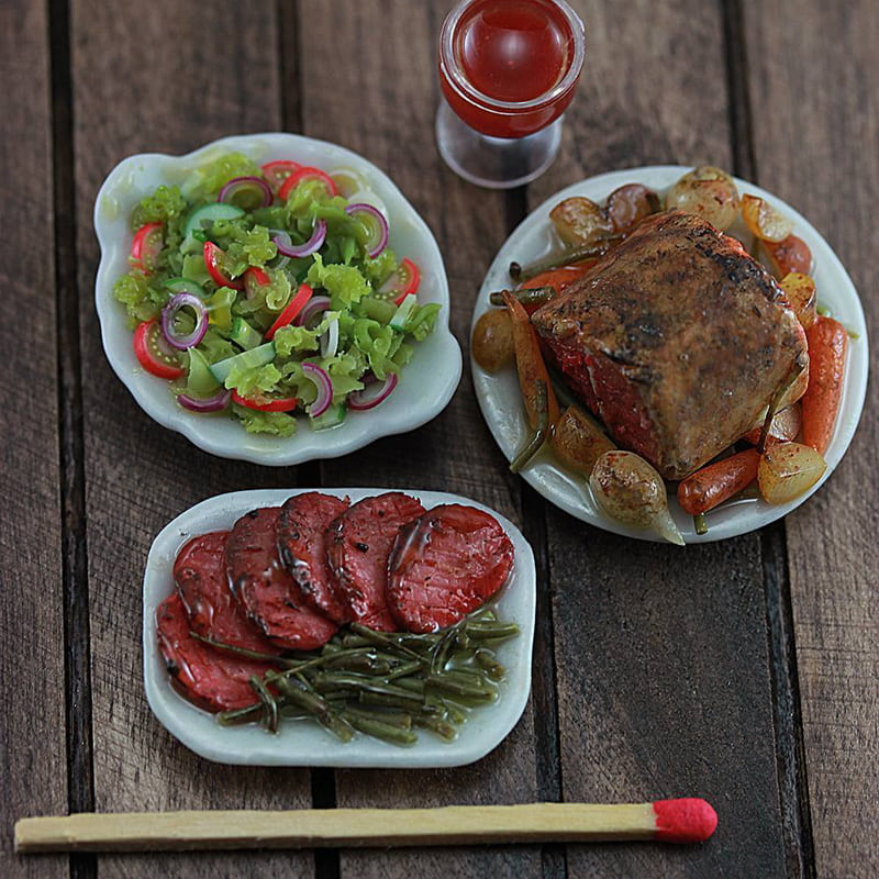Miniature food and salad table made by Shai Aaron