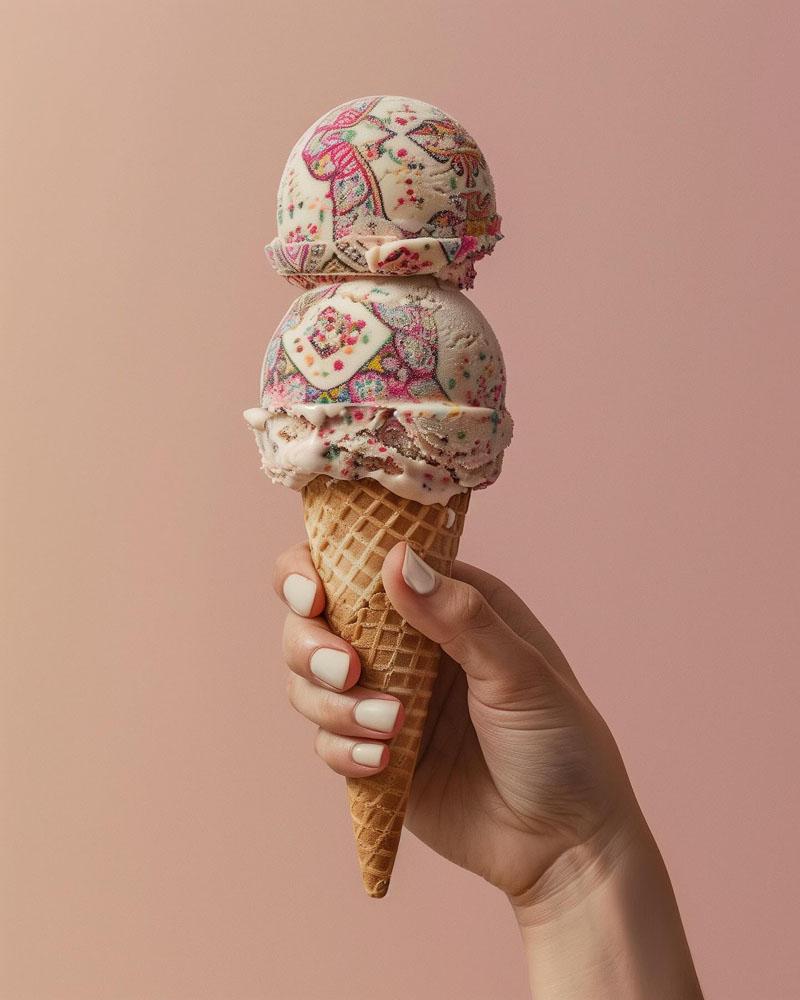 Two-scoop ice cream decorated with Iranian motifs