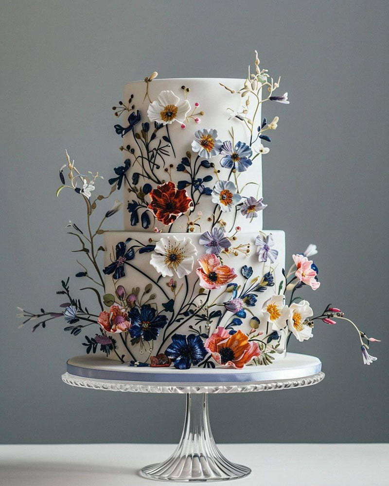 Two-tiered cake decorated with Iranian wild flowers 