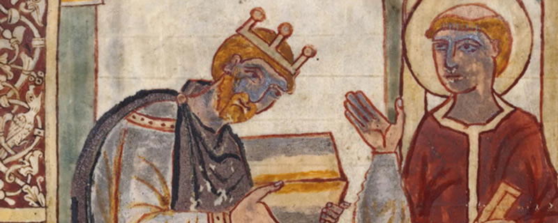 Old tiling design of the King of England in front of the saint; Photo Source: The Historic England Blog, Photographer: Unknown