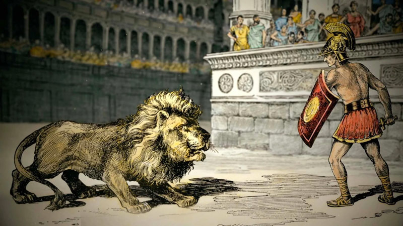 painting of gladiator fight with lion; Photo Source: Drive Thru History, Photographer: Unknown