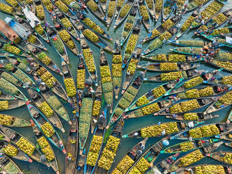Aerial photo of floating market boats