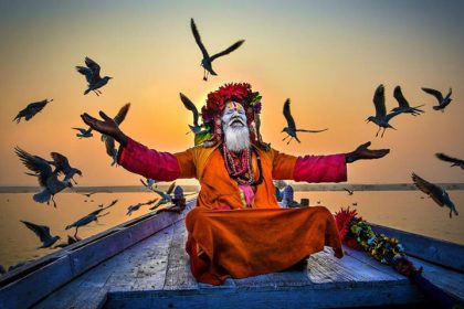 Indian man with pigeons among the bark