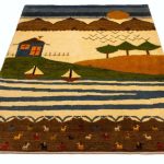 Hand woven fabric with the design of house, tree, mountain, sea, sun and animals. Source: Iran Gebe website; Photographer: Unknown