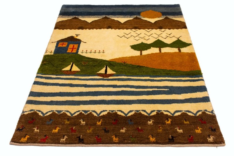 Hand woven fabric with the design of house, tree, mountain, sea, sun and animals. Source: Iran Gebe website; Photographer: Unknown