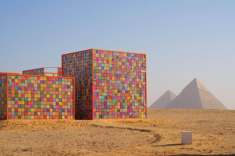 Ik-Joong Kang's artwork next to the Egyptian pyramids