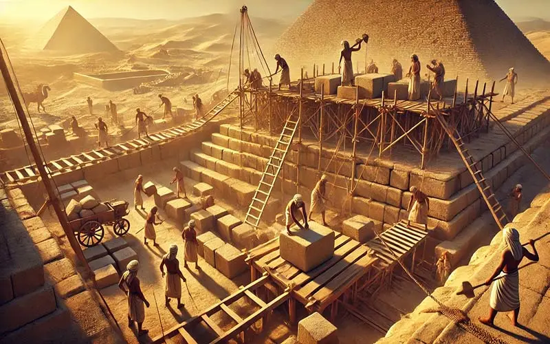 The construction of the Egyptian pyramid by workers; Source: openai; Creator: artificial intelligence