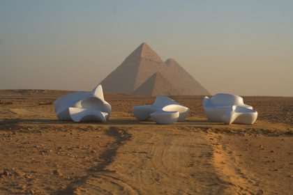 Marie Khouri's artwork next to the Egyptian pyramids
