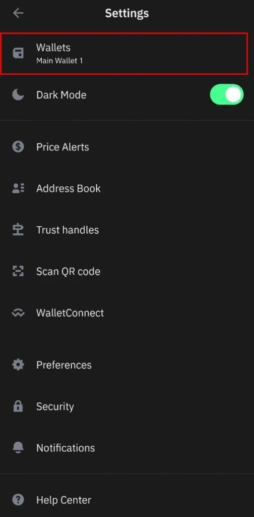 Wallets option in the trust wallet settings section