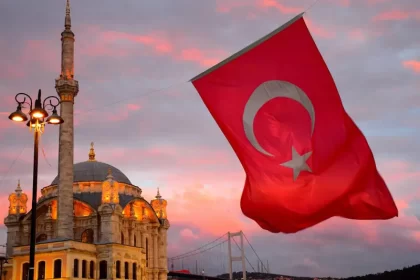 Turkish flag with the background of Ortakoy Mosque and Bosphorus Bridge; Photo Source: Visas Association, Photographer: Unknown