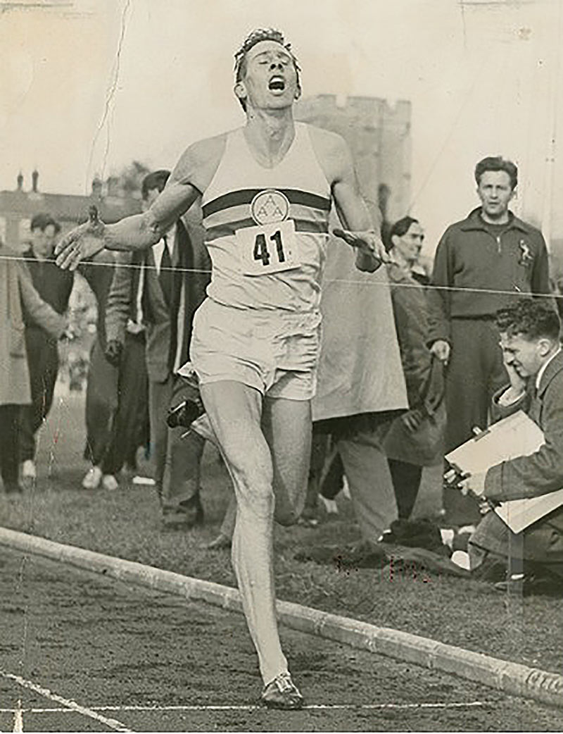 Roger Bannister, the famous British runner, after finishing his historic run (breaking the record of four minutes in two 400 meters) in 1954; Photographer: Unknown