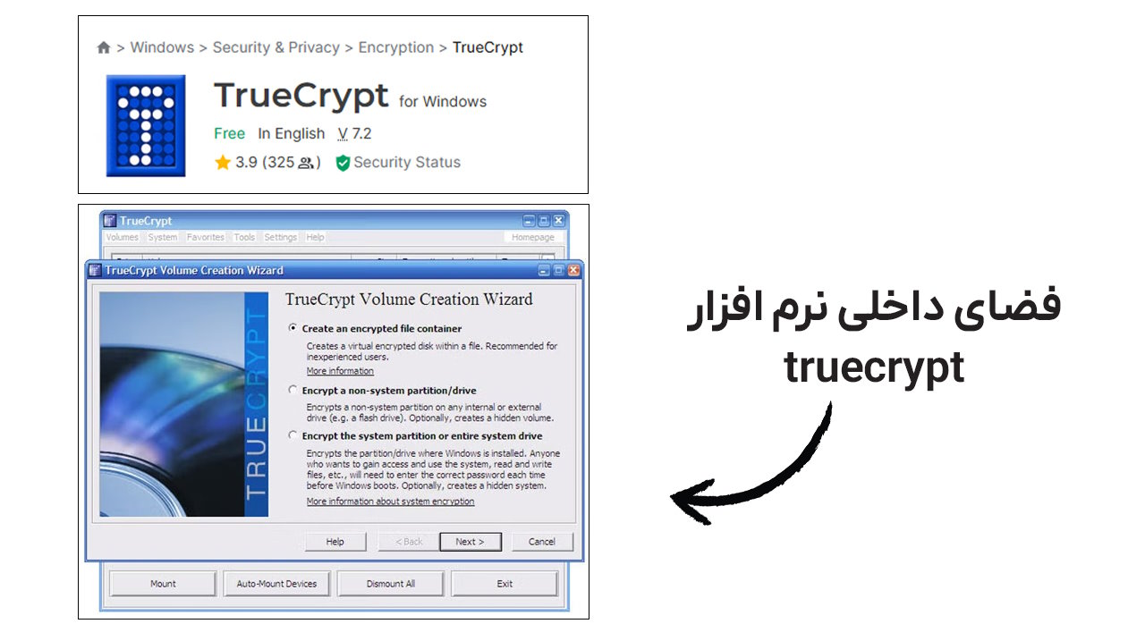 Logo, information and internal space of truecrypt software