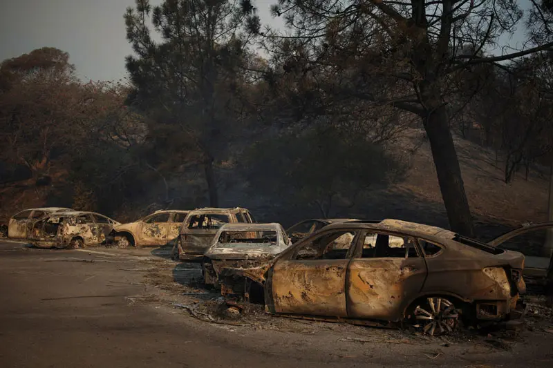 burnt cars in Los Angeles fire; photo source; Reuters; Photographer: Daniel Cole