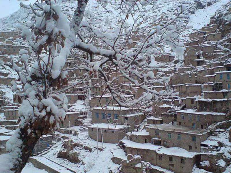 Palengan Kurdistan village in the snow; Photo source: Palengan Historical Village Facebook, photographer: Fereydon Hamidi