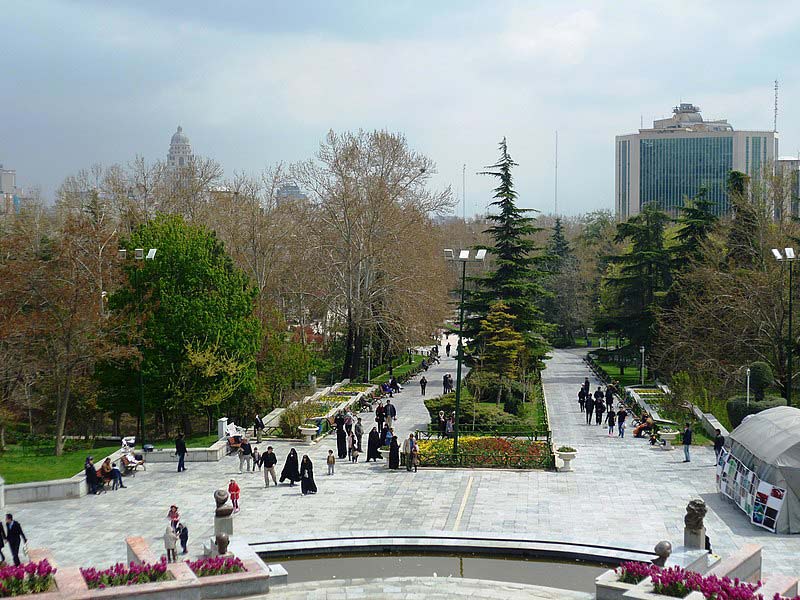 the path leading to the ponds and statues of Mellat Park; Photo source: Wikimedia, photographer: Radoslaw Botev