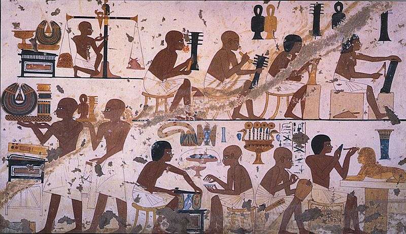 Wallpaper of ancient Egyptian workers in the Pyramids of Giza, Photo Source: Wiki Media Site, Photographer: Kingn8Link