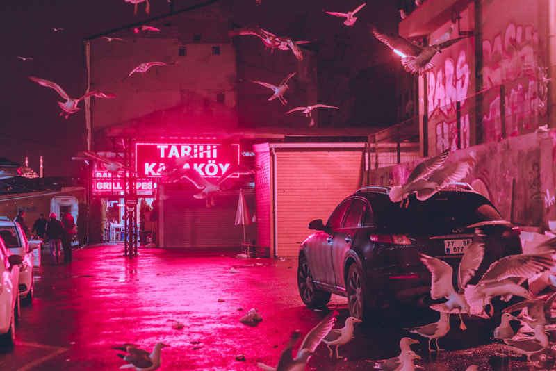 Istanbul night lighting with neon lights 