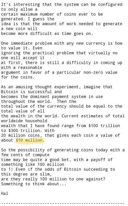Hal Finney's prediction of the future price of Bitcoin