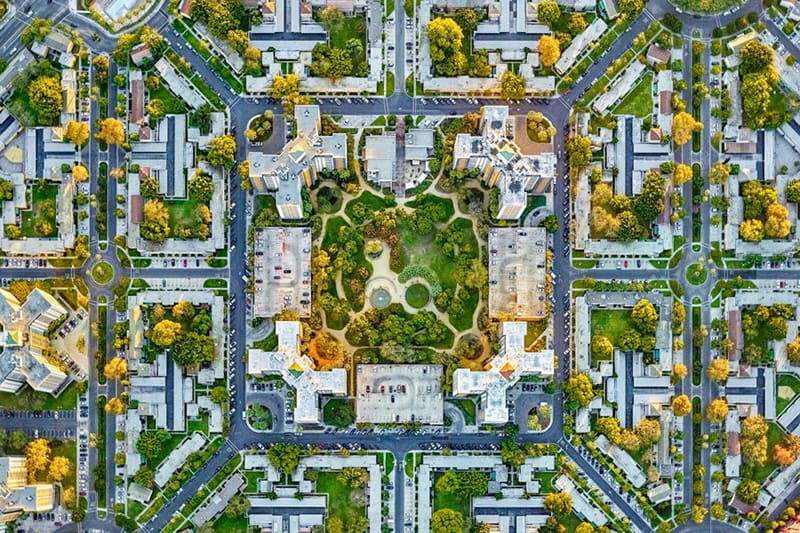 Aerial photo of the lush residential area in the US