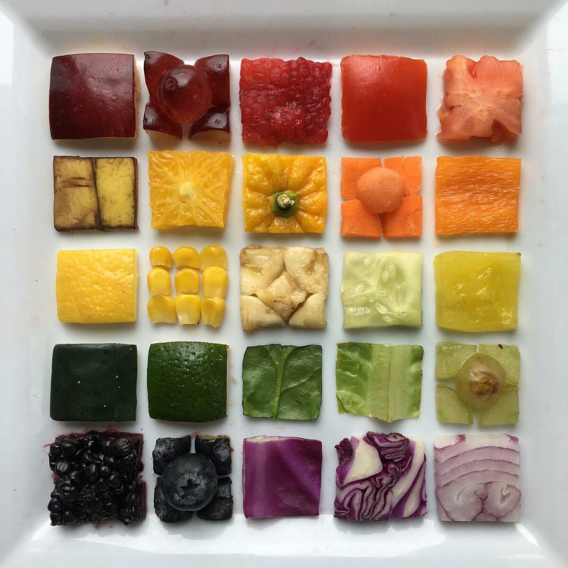 Square slices of fruit and vegetable