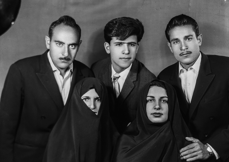 Black Photo of Five Family in Old Iran