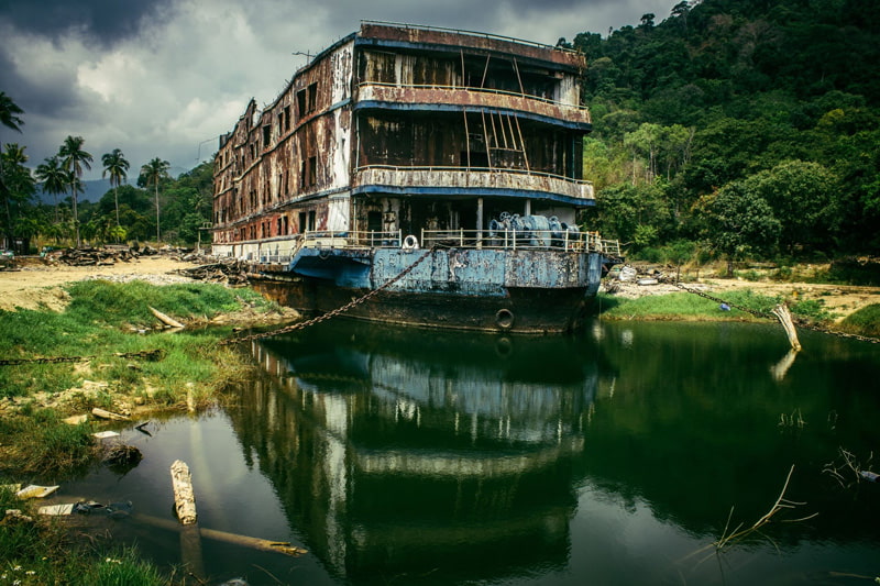 The deserted boat of the Grand Laguna Hotel in <a href=