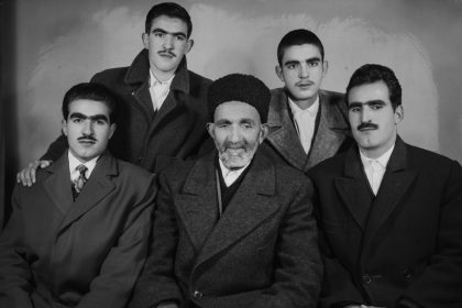 Black Photo of Father and Boys in Old Iran