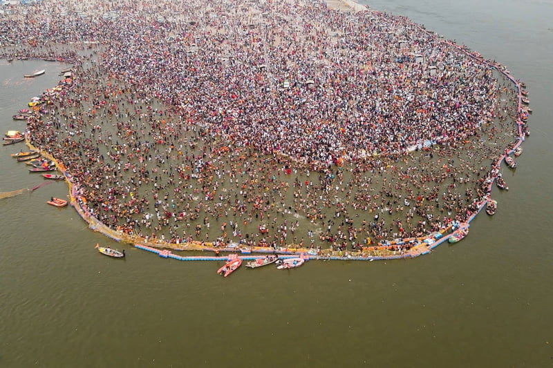 Pilgrims on the occasion of Maha Shivaratri at the Maha Kumbh Mula Festival in Sangam Indian; Photo Source: Theguardian; Photographer's name: Unknown 
