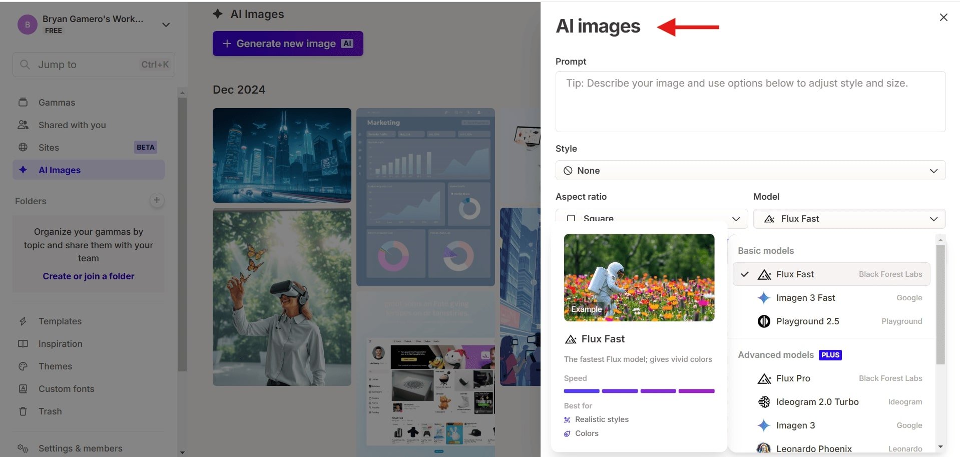 Gamma app's artificial intelligence image generator  