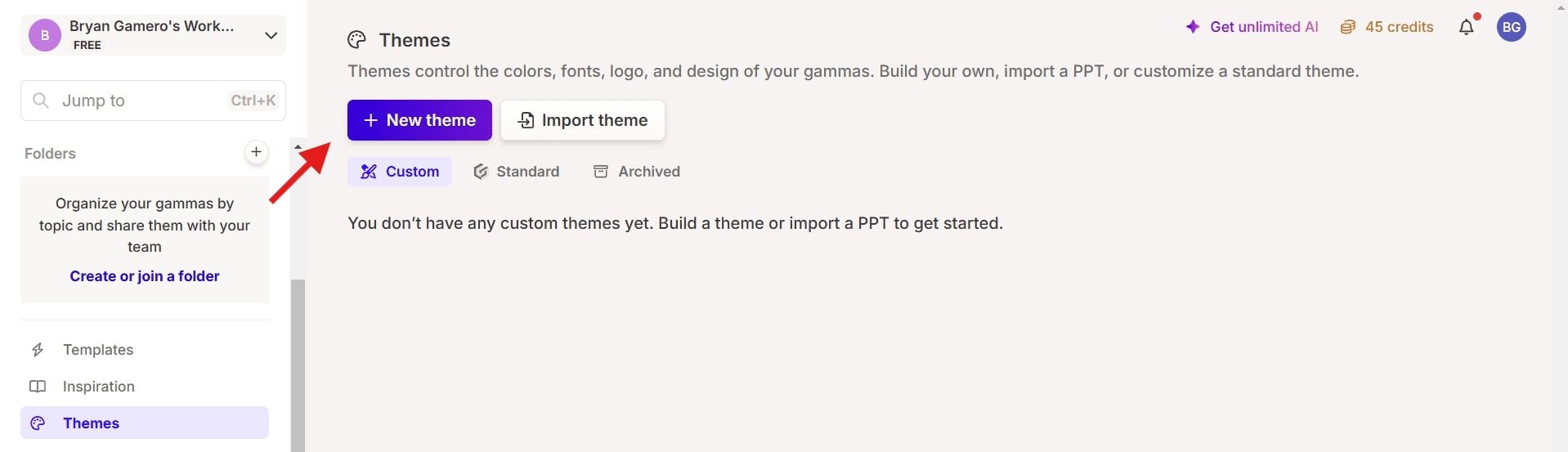 How to enter the theme in the gamma app 