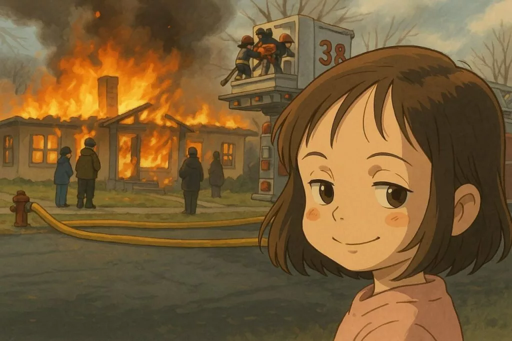 Convert a picture of a child watching fire house -style anime with the help of ChatGpt