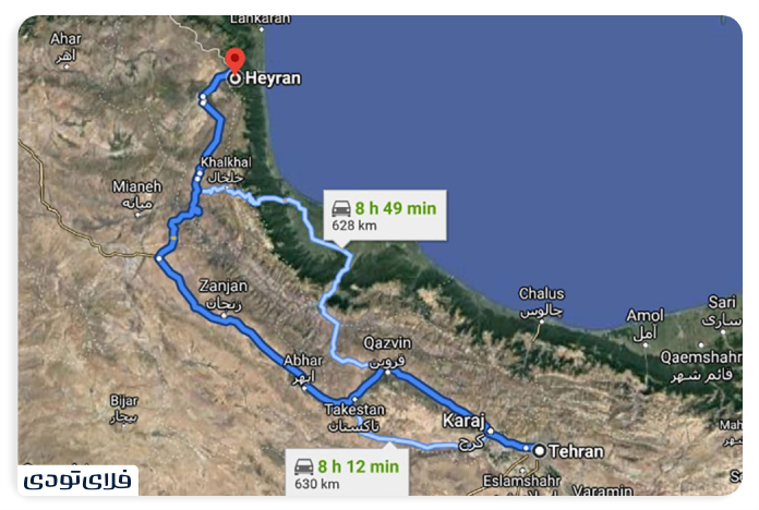 Distance from Tehran to Hiran.